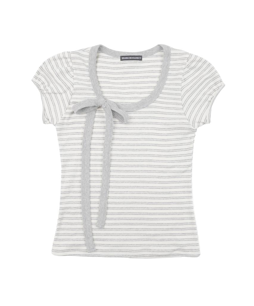HIGH SCHOOL DISCO Striped Ribbon Puff Sleeve Short Sleeve_Melange Gray