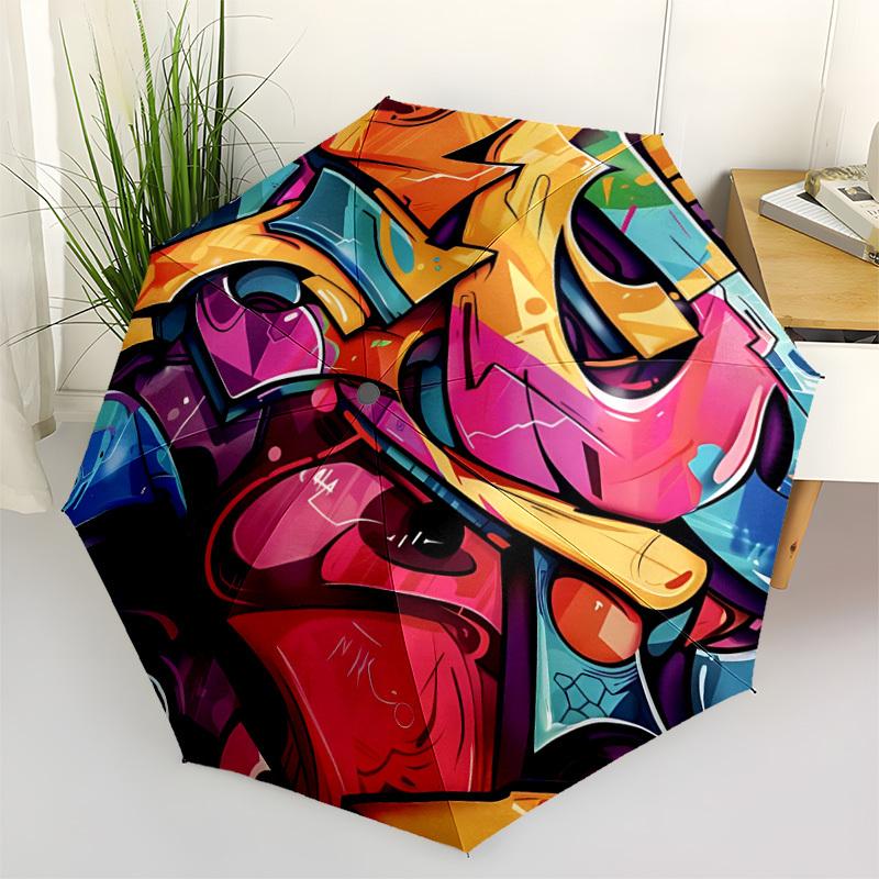 1PC Graffiti Artwork Automatic Windproof Umbrella 8 Rib Portable Folding Black Iron Frame for Outdoor, Beach, Travel, Beach Umbrella,S22