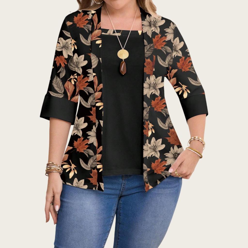 2025 Plus Size Floral Print Casual Two-Piece Seven-Sleeve Top for Women