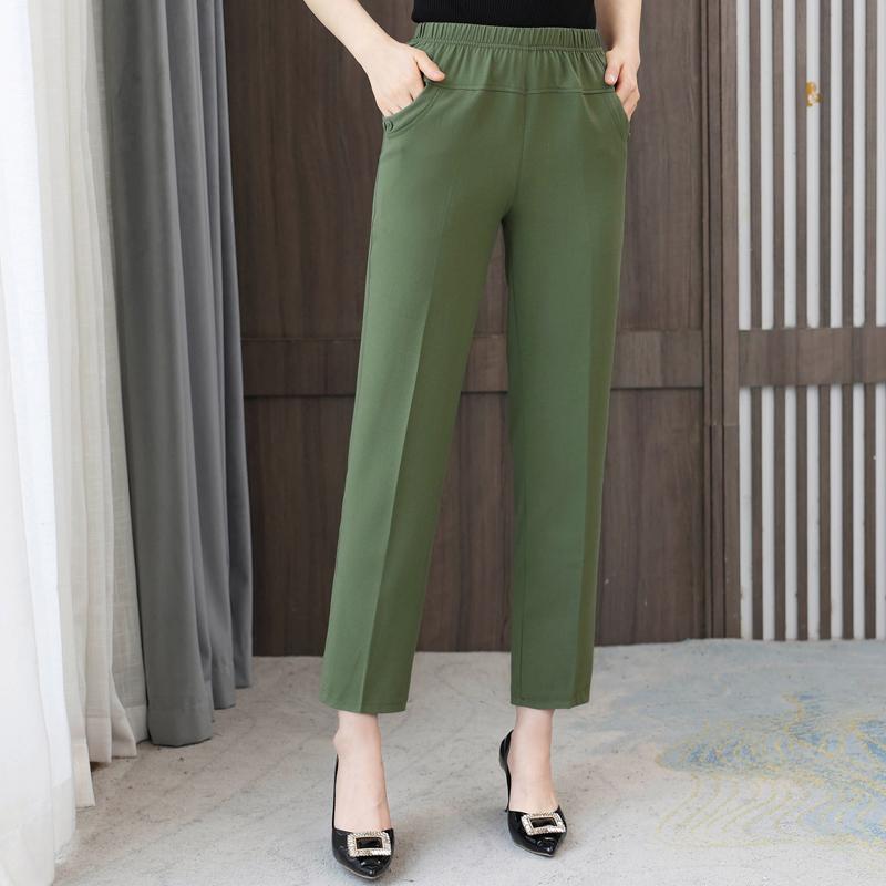 Summer High Waist Straight Pants for Women Plus Size Classic Elastic Waist Cotton Linen Trousers