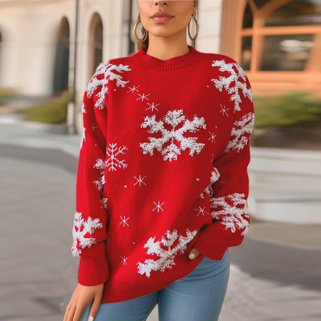 Red Christmas sweater, women's snowflake towel, embroidered round neck long sleeved Christmas themed pullover sweater 3505 KTB