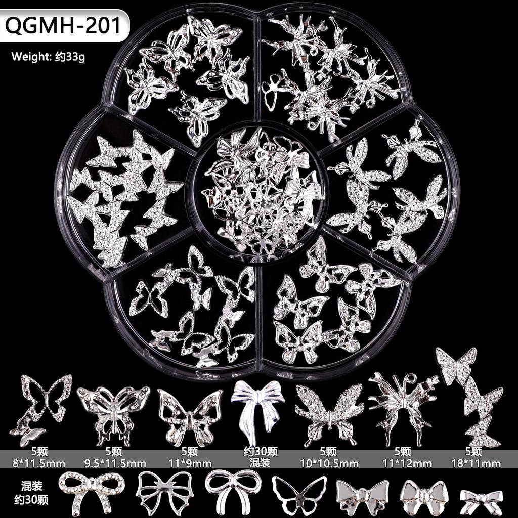 7-Grid Petal Box Nail Art Metal Alloy Three-Dimensional Bow Nail Art Jewelry Diy Silver Butterfly Nail Drill