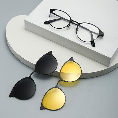 Round Half Metal Frame Magnetic Clips Sunglasses On Glasses Frame Optical Prescription Magnet Eyeglasses 3 In 1