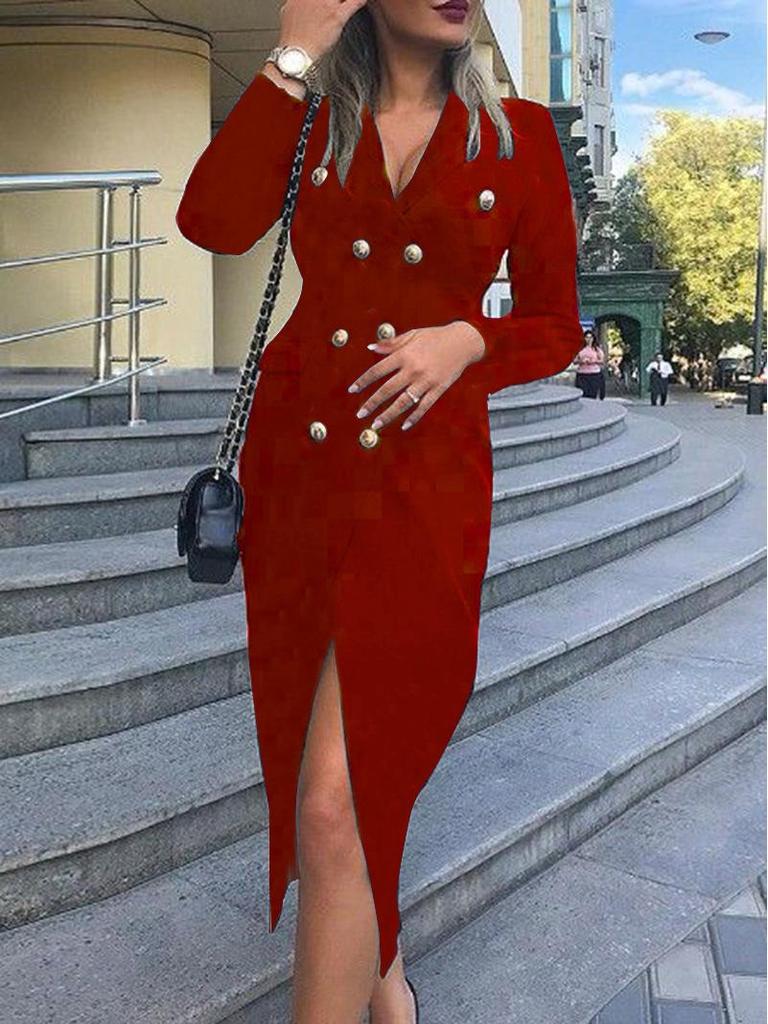 Women's V-Neck Double-Breasted Waist-Cinching Suit Dress, Autumn/Winter 2025 Collection