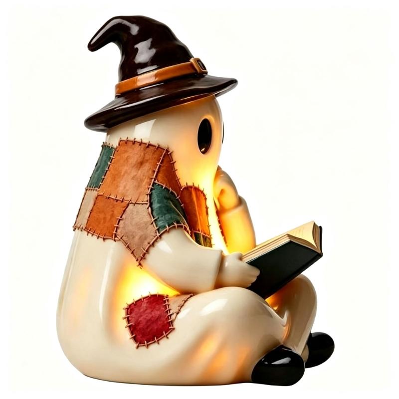 Halloween Patchwork Ghostly with Led Light Lighted Character Figure for Fall Display, Formed Accent with Soft Light for Shelf, Desk, Entry Table, or