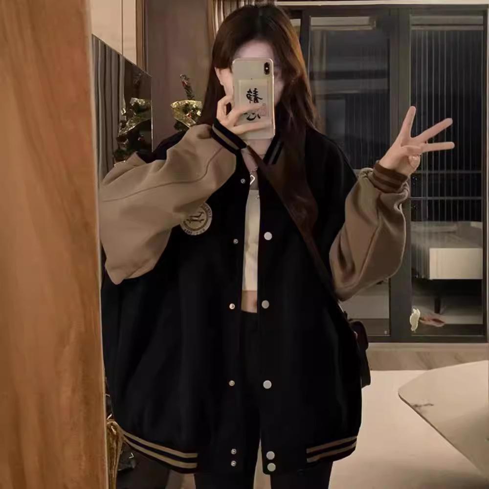 

Женская винтажная вышитая плюшевая бейсбольная куртка - новый зимний стиль S чёрный