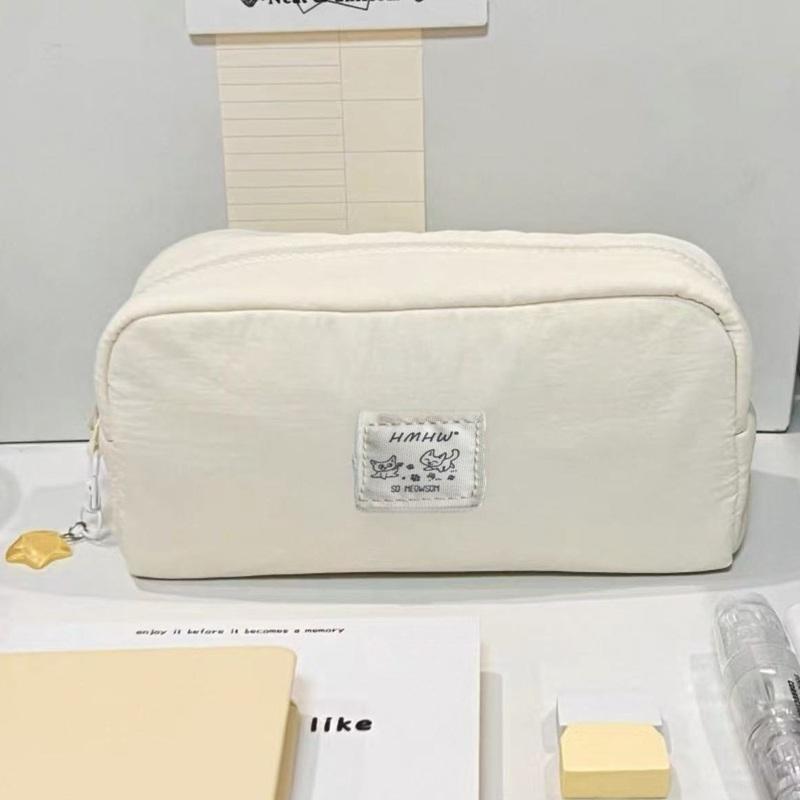 Soft Puffy Stationery Bag, Large Capacity Zipper Pencil Case with Inner Mesh Pocket белый