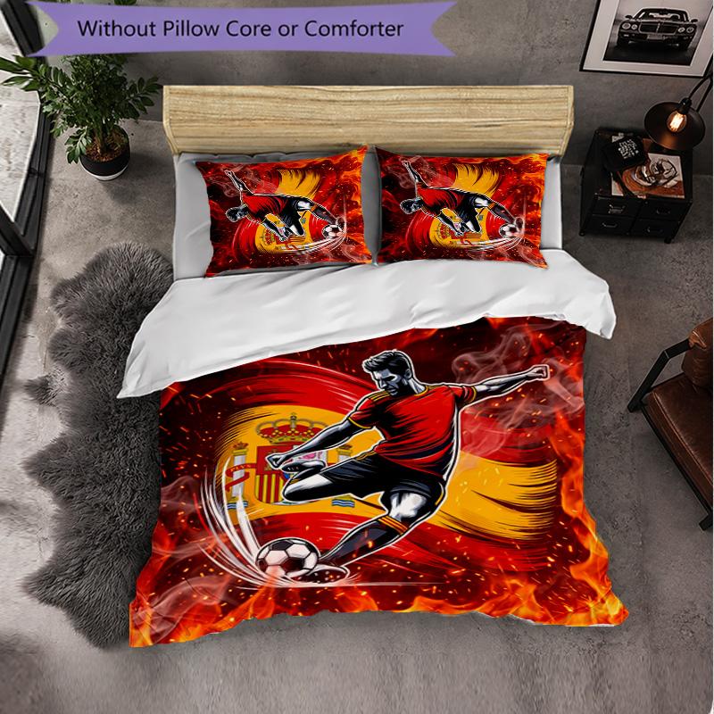 Spain Football Pattern 3 Pieces Bedding Set Soft Microfiber Duvet Cover with Pillow Cases for Bedroom