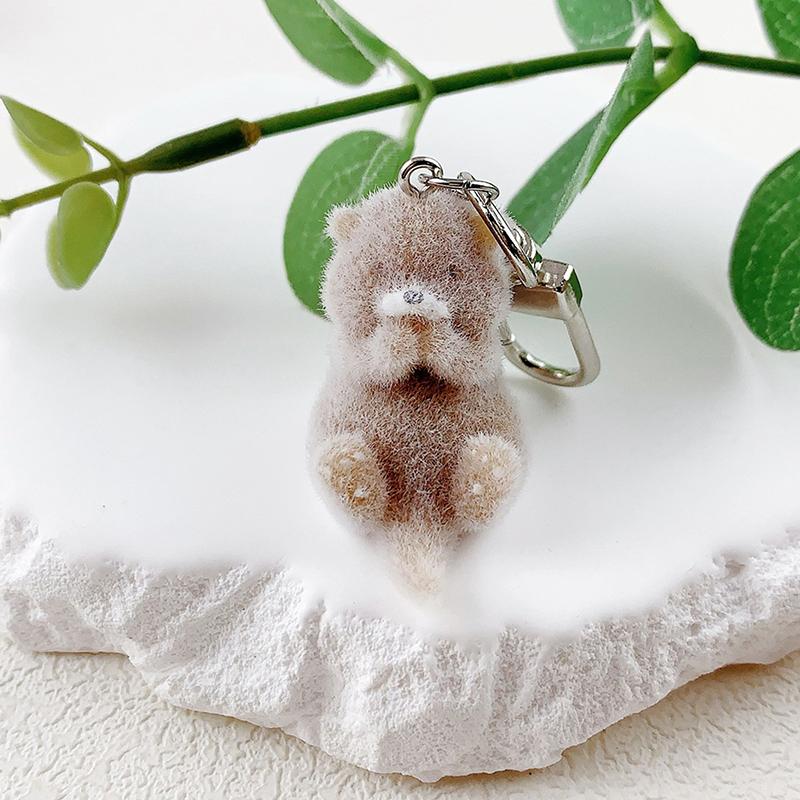 Lovely 3D Flocked Otter Pendant Cute Cartoon Keychain Bag Pendant Keyring Hanging Decoration Diy Key Accessories