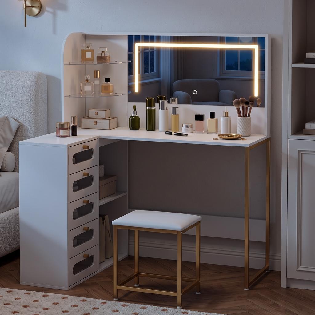 Dressing Table With LED Mirror And Stool L Shaped Vanity Desk With Drawers And Shelves White
