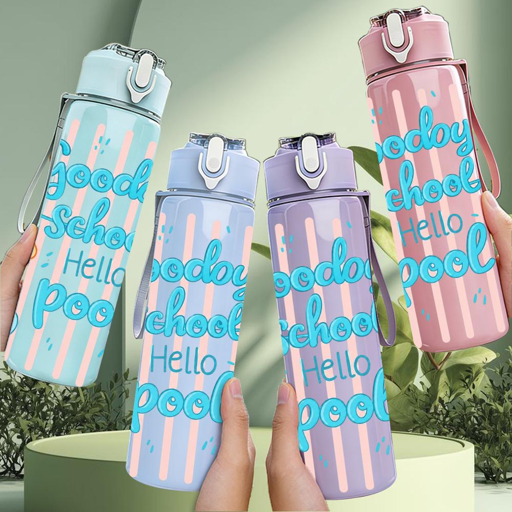 1PC Goodbye School Hello Pool Stripe 750ml Color Plastic Sports Water Bottle Leakproof Flip Straw Lid Suitable for Sports Office Home Use