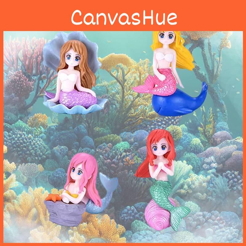 Plastic Cartoon Mermaid Figurine Shell Hair Yellow Pink Red Crafted Aquarium Ornament