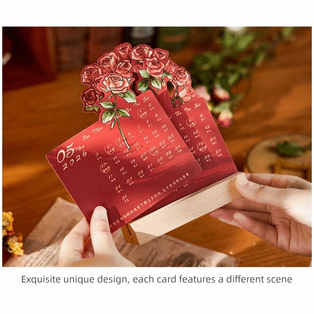 Simple 2026 Desk Calendar Card Insert With Wooden Base Mini Calendar Rose Painting Monthly Planner Gifts