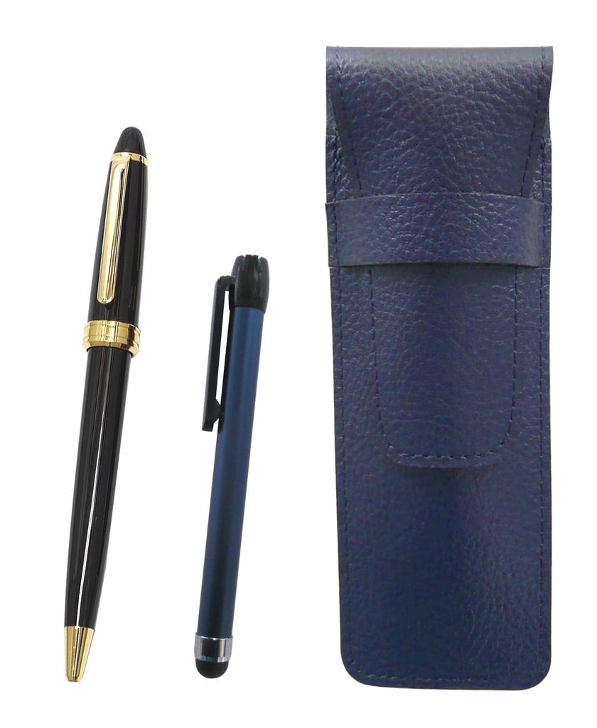 Blue Grained Leather Pen Case with Blue Metal Touch Stick and Neo Ballpoint Pen Set D-600 (black) SASL-ALL-600B-B
