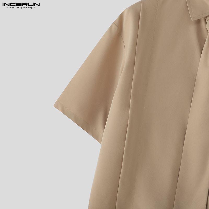 INCERUN Men Tie Lapel Neck Short Sleeve Buttons Irregular Casual Oversized Shirts