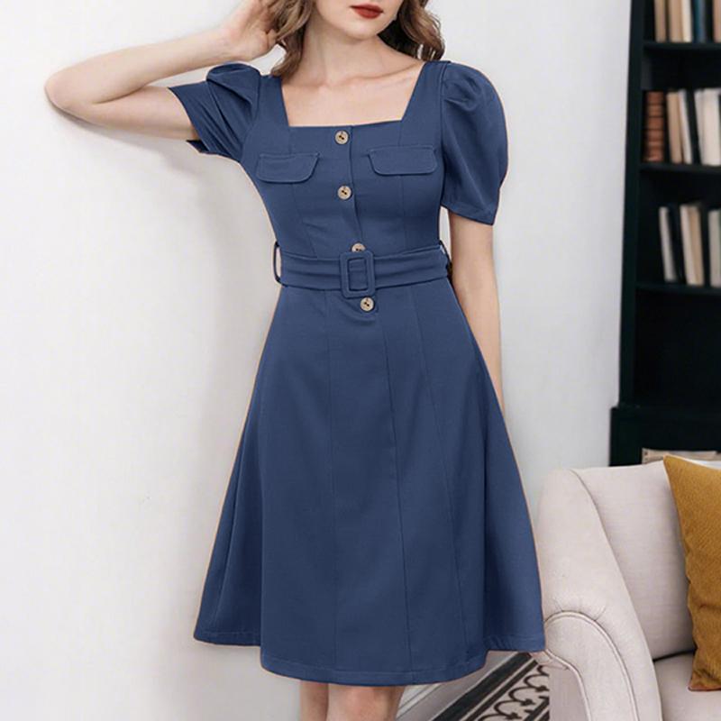 

ZANZEA Женское летнее повседневное платье с квадратным вырезом и короткими рукавами XL синий