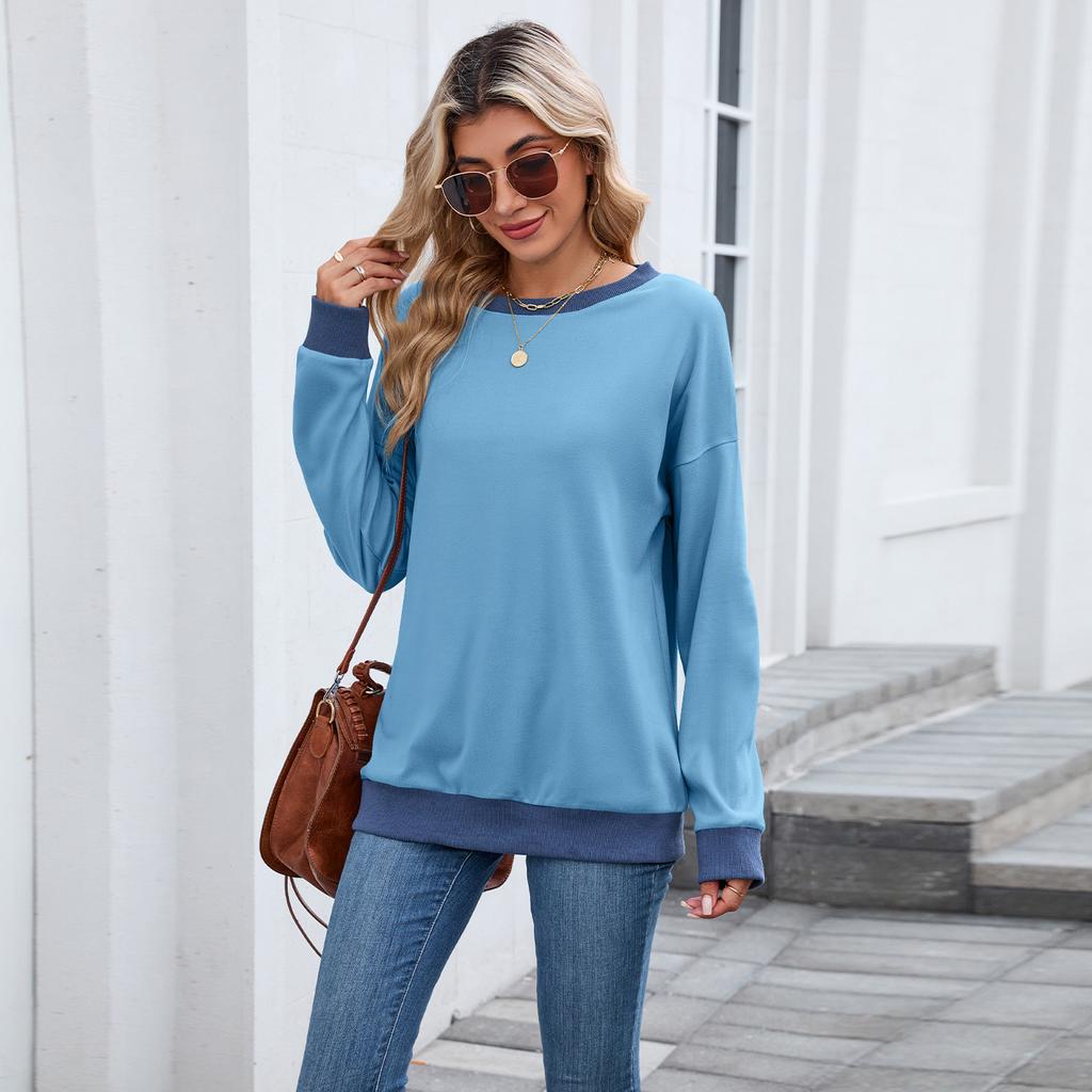 Women's Round Neck Loose Top Long Sleeved Color Blocked Ribbed Sweatshirt