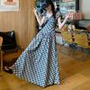 French Retro Plaid Puff Sleeve A-line Dress: Elegant Backless Square Neck Summer Style
