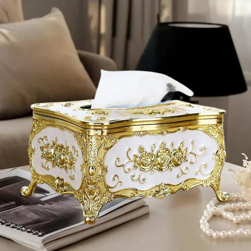 Rose Pattern Golden-plated Tissue Box American Style Paper Holder Suitable For Multiple Rooms Home Desktop Decor