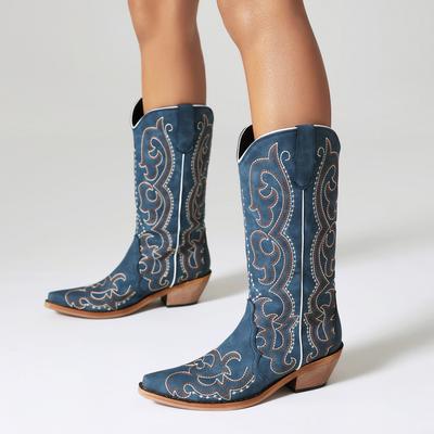 Women's Cowgirl Boots Blue Comfortable Cowboy Western Boots Wide Calf Leather Embroidery Dapper Shoes