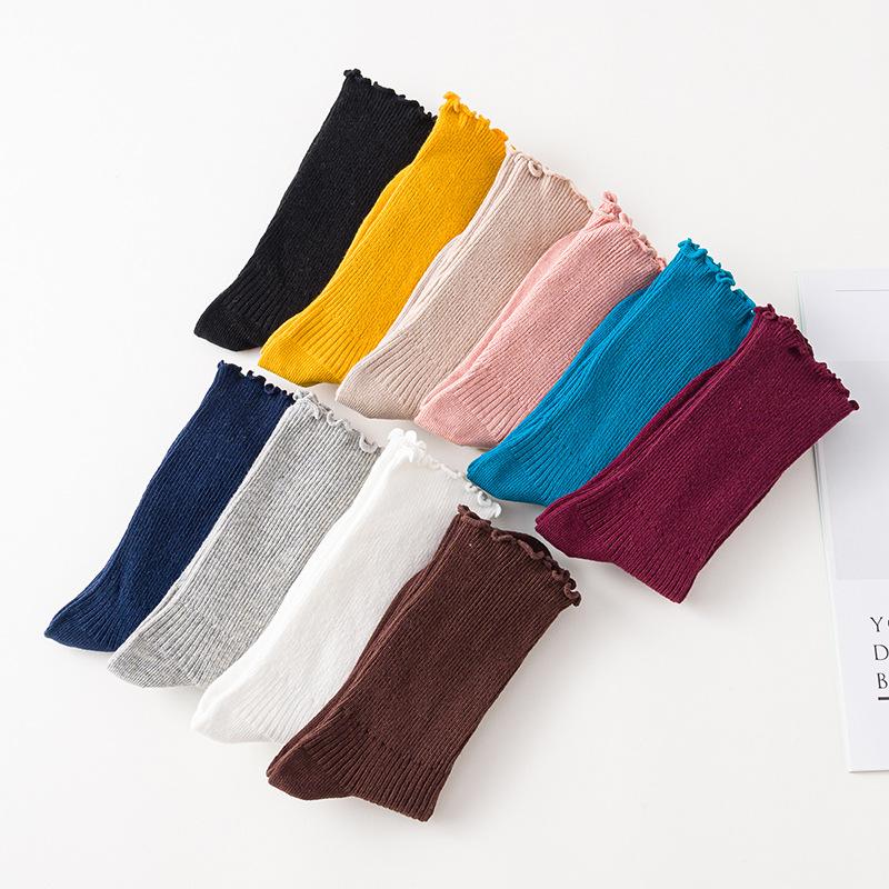 Ladies Spring and Autumn Solid Color All Build College Style Draw A Wooden Ear Side In The Tube Cotton Socks