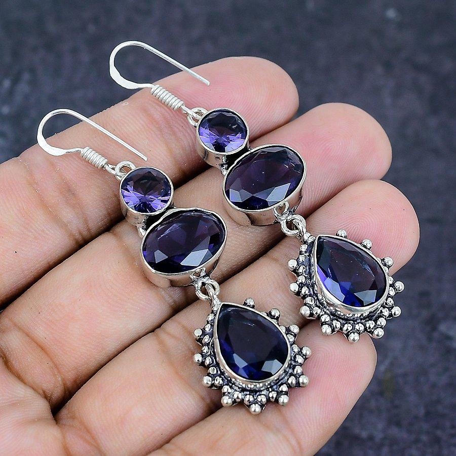 Natural Amethyst Gemstone Handmade 925 Sterling Silver Earring 2.56" O6P73