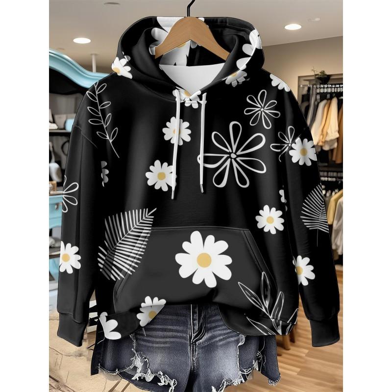 Womens Relaxed Fit Hooded Long Sleeve Sweatshirt With 3D Floral Plaid Print Breathable Comfort Casual Top