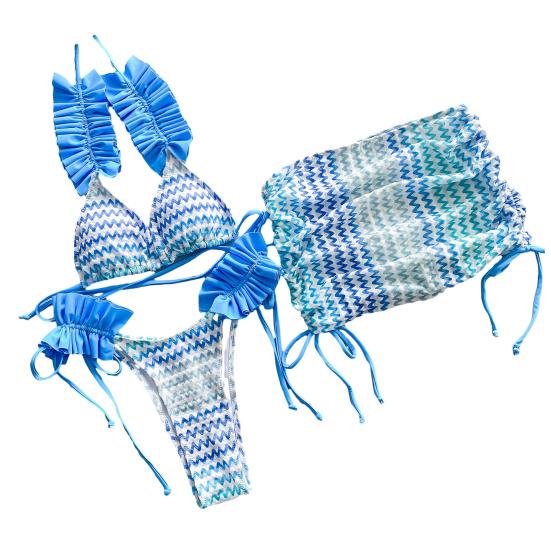 3 Pcs/Set Women Bikini Set Color Matching Lace-up Halter Neck Shirring Pleated
