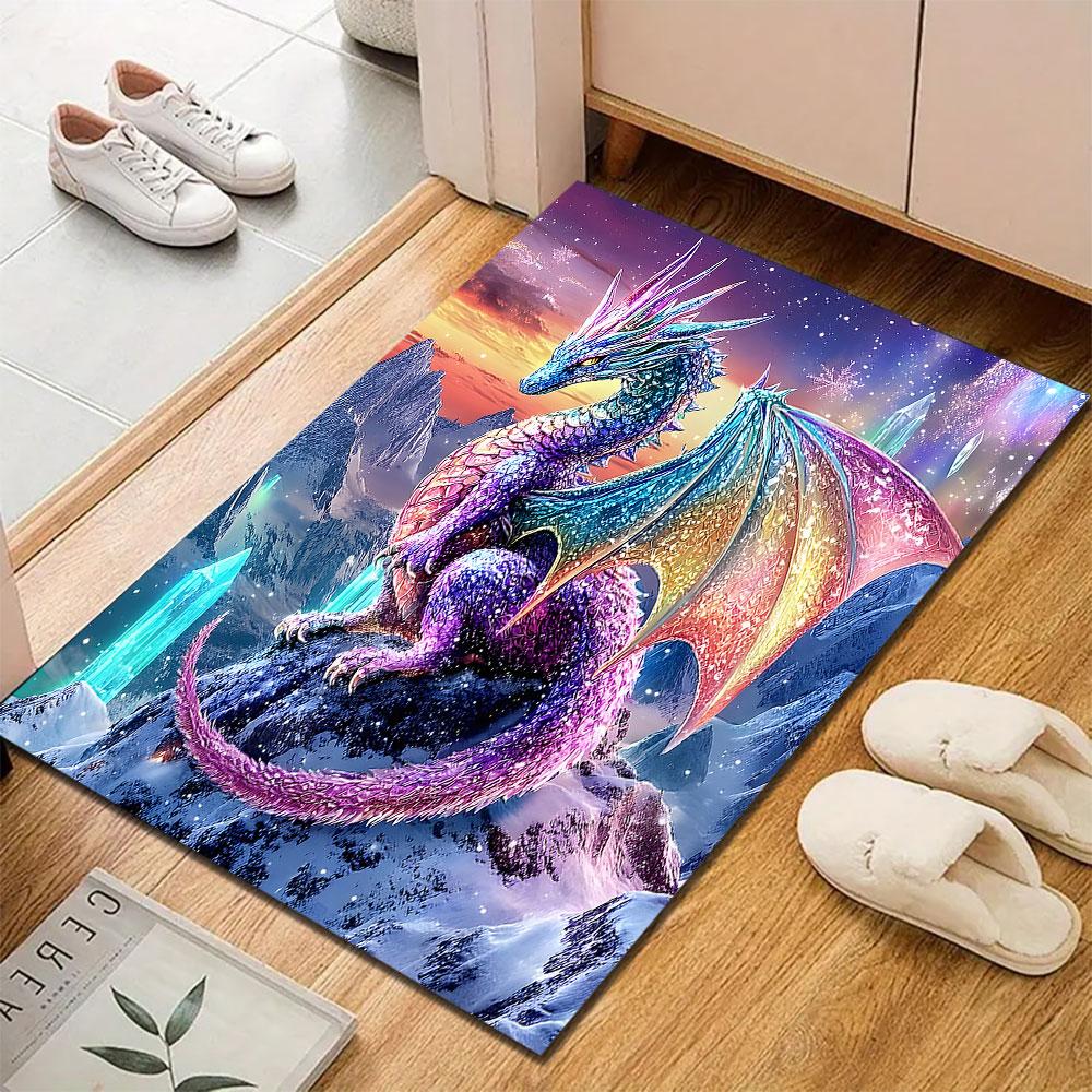 Rainbow Crystal Dragon on Snowy Mountain Patterned carpet, suitable as a non slip play mat for the living room and bedroom sofa