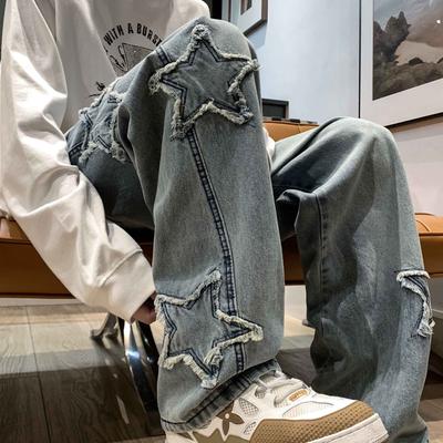 Primavera e Outono Estrelas Masculinas Toalha Bordado Marrom Homens Jeans Calças Roupas Retas Calças Hip Hop