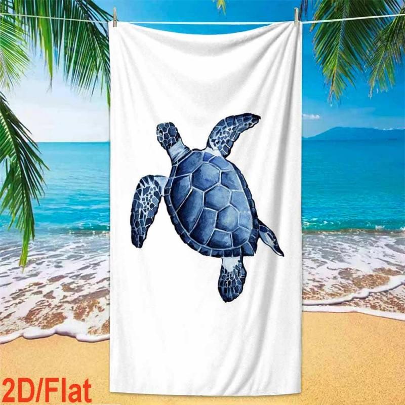 Minimal Watercolor Marine Style Single Blue Sea Turtle Hand Drawn Print Quick Dry Sand Resistant Microfiber Bath Beach Towel