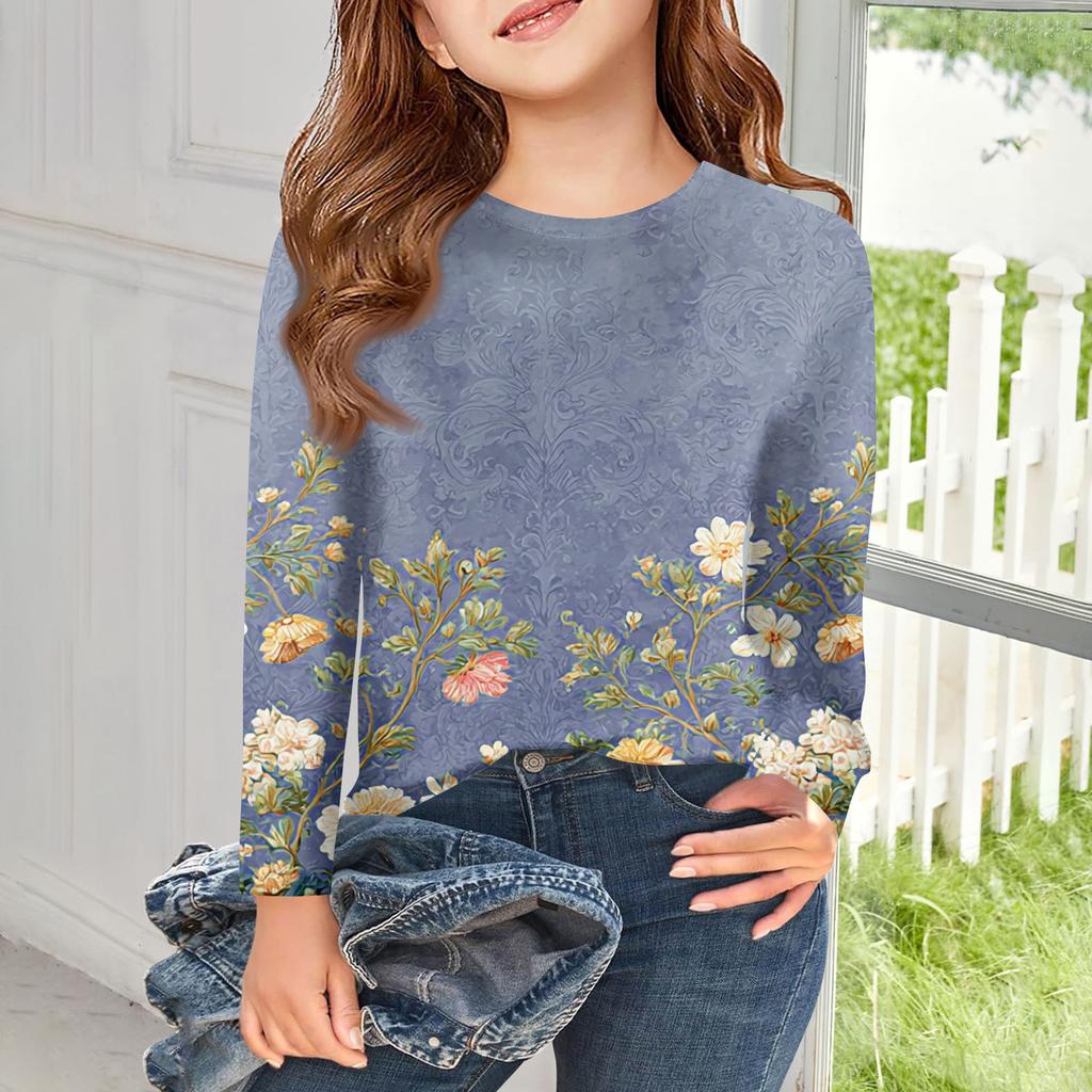 Girls Long Sleeve T Shirts Kids Fall Tops Crewneck Printed Basic Tees