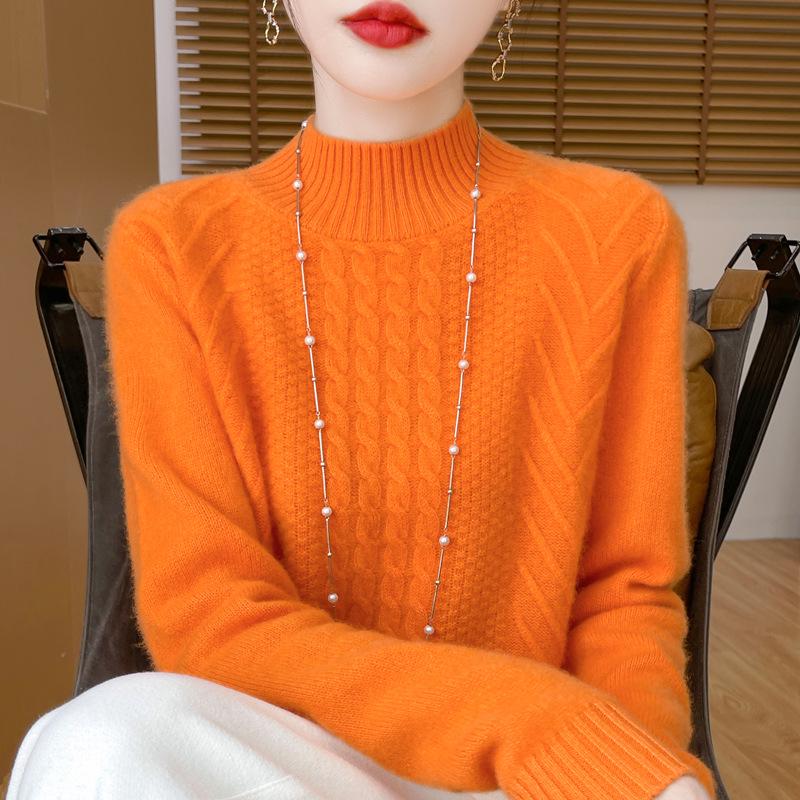 2024 Women's Thick Wool Cable Knit Half-High Neck Pullover Sweater for Autumn and Winter.