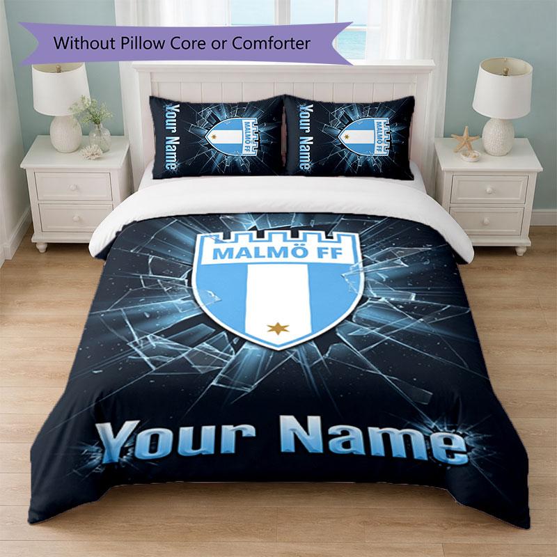 Malmö FF Custom Name Text Bedding Set 1 Duvet Cover+2 Pillowcases Soccer Logo Personalized Gift For Special Occasion Bedroom Decor
