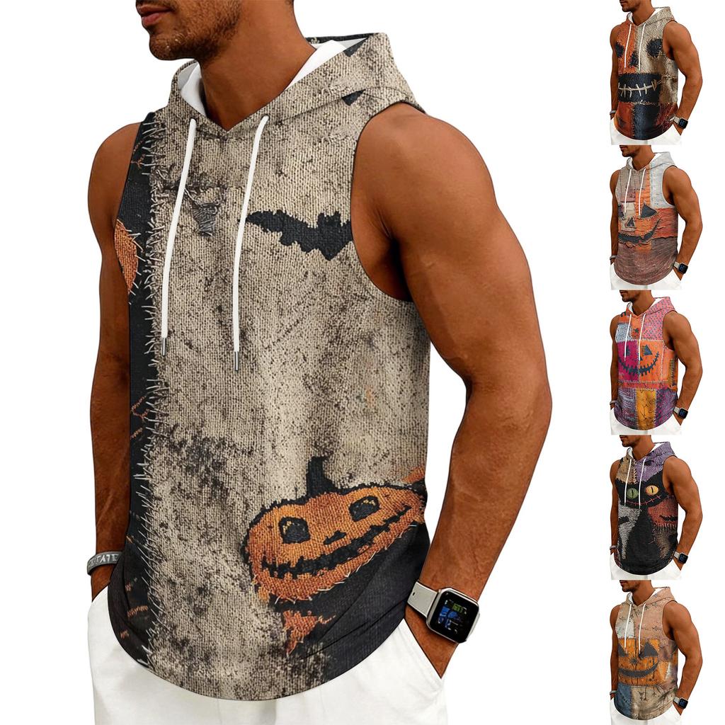 Men's Casual Sleeveless Hoodie with Drawstring Hood Halloween Themed Graphic Print Lightweight Pullover Vest for Everyday Wear