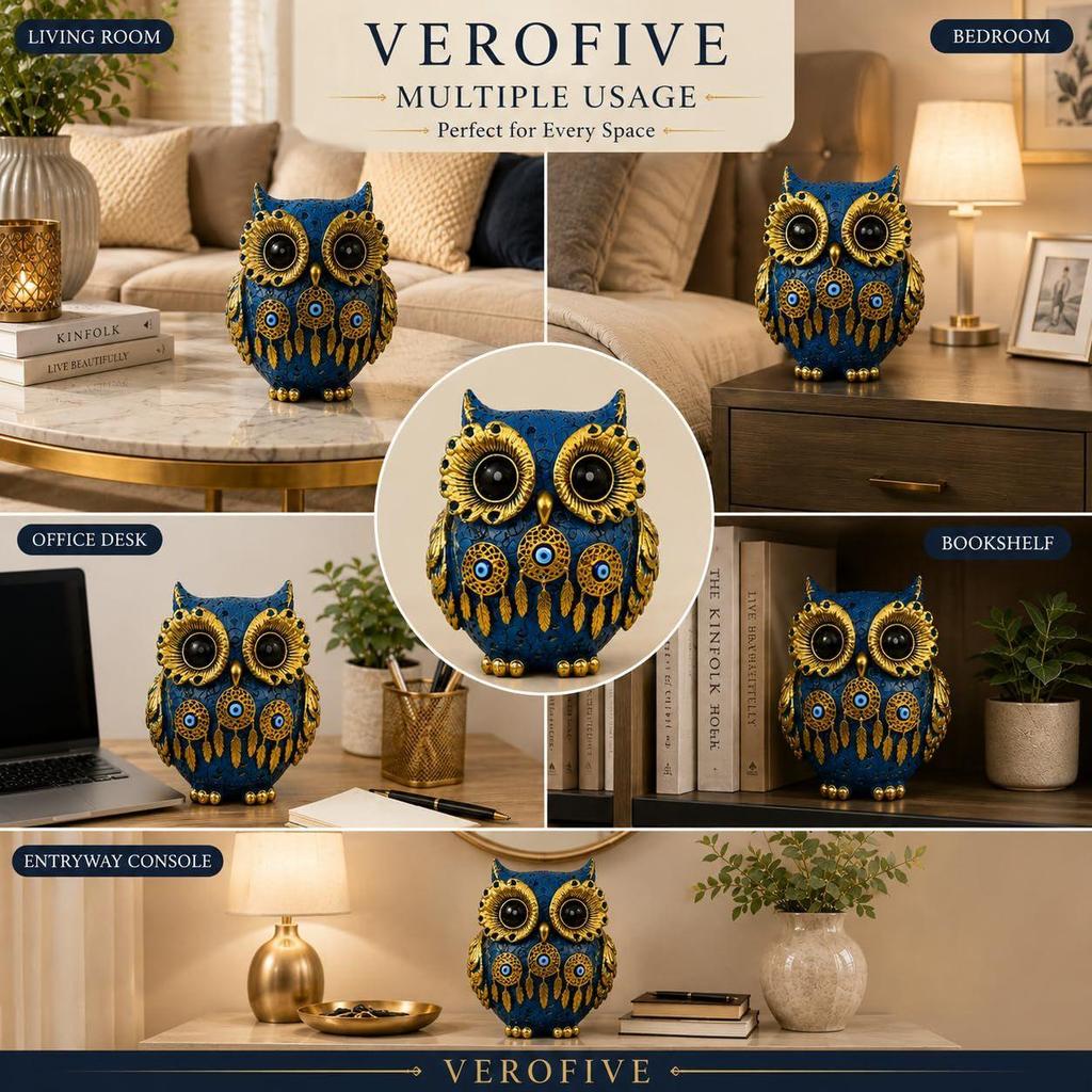 Decorative Owl Showpiece for Home Decor | Premium Resin Owl Statue with Gold Detailing | Lucky Owl Figurine for Living Room, Office & Gift