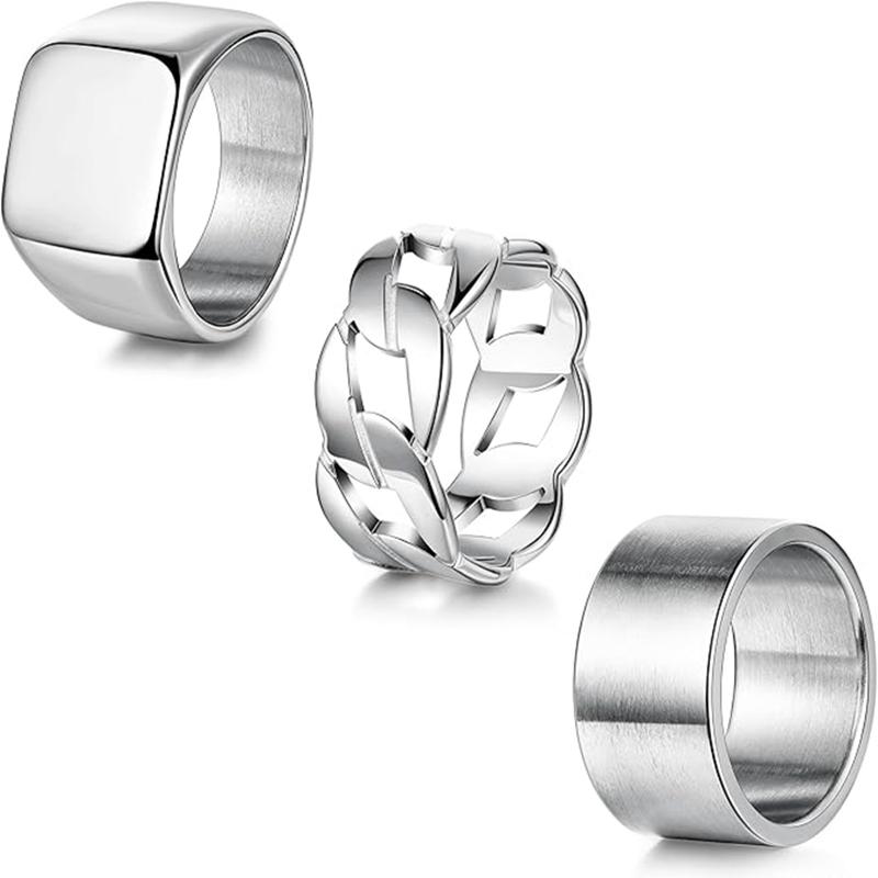 3Pcs Stainless Steel Signet Rings Chunky Wide Band  for Men Women Cuban Link Chain  Fashion Matte Finish  Comfort Fit