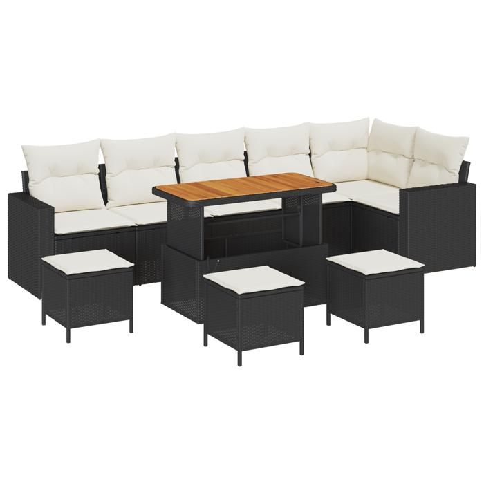 Ensemble de 10 Pièces de Canapés de Jardin avec Coussins Noir Poly Rattan Acacia, Ensemble de 4 Pièces de Salle à Manger de 3361640