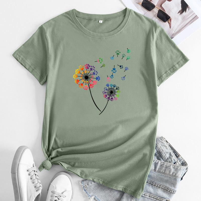 Summer Round Neck Colorful Dandelion Pattern Printed Top Fashionable Casual Short Sleeved Women's Pure Cotton T-shirts