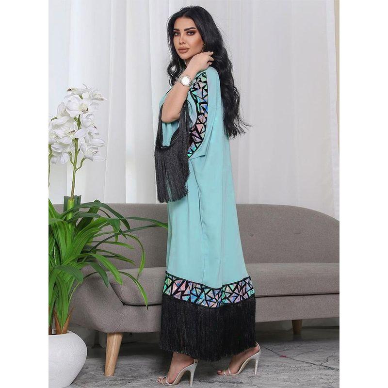 Middle East Indonesia Laser Powder Sheet Lace Stitching Tassel Robe Loose Dress Dubai Arab Female Dress