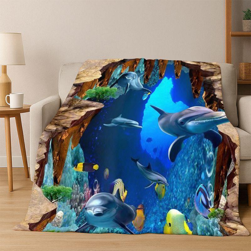 3D Illusion Underwater World Marine Life Shark Dolphin Cartoon Flannel Blanket Throw Blanket for Bedroom Living Room Bed Travel