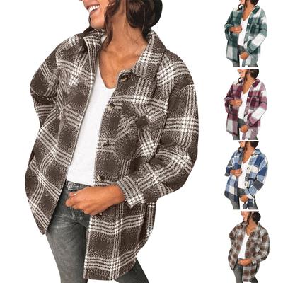 Women's Casual Fashion Lapel Single Breasted Plaid Shirt Medium Woolen Coat