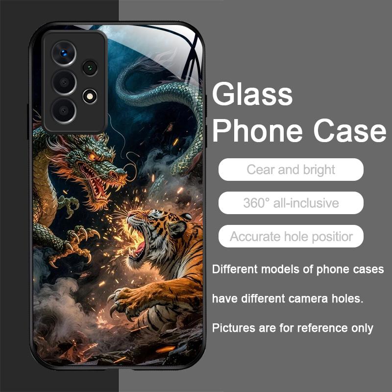 Shiny Golden Dragon and Tiger Pattern Tempered Glass Phone Case for Samsung Galaxy S25 Ultra S24 S23 Plus S22 S21 S20 FE Covers