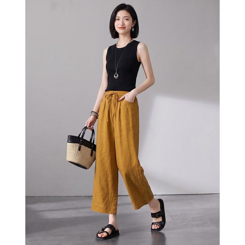 Demana Women's 100% Linen Straight-Leg Cropped Casual Pants