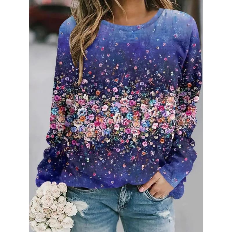 Fashion Women's Crew Neck Long Sleeve 3D Casual Color Printing Casual Long Sleeve T-Shirt
