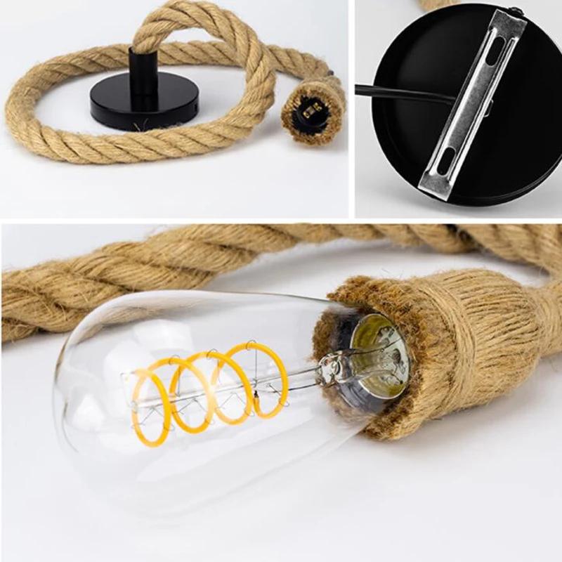 Industrial E27 Vintage Hemp Rope Pendant Lights Attic Personality Indoor Lightings for Loft/Living Room/Bar Pendant Chandelier