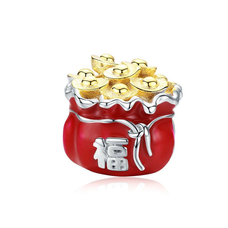 BISAER 925 Silver Lucky Koi Cat Pawprint Charm Bead Weaved Bag Pendant Plated Gold Fit Women DIY Bracelet Fine Jewelry