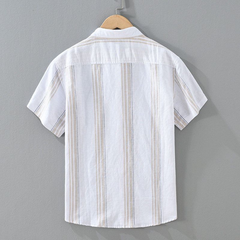 Foreign Trade Surplus Summer Striped Short-Sleeve Cotton-Linen Shirt for Men, Loose Simple Shirt, Trendy Casual Thin Top