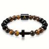 Alphabet Bracelet 8mm Natural Tiger's Eye Stretch Bracelet for Men with Cross and 26 Letters