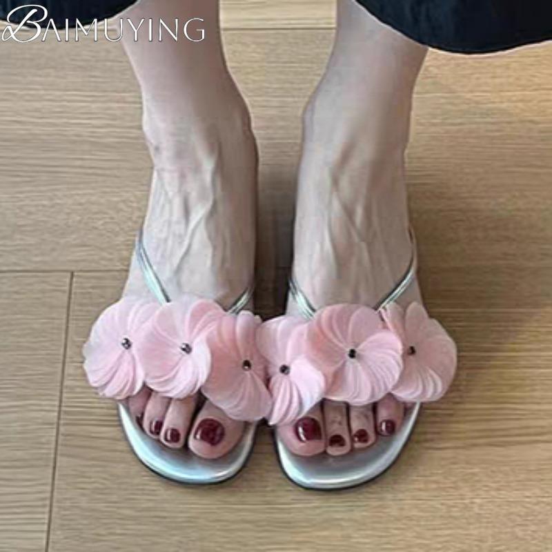 Fashion Flower Casual Flip Flops Shoes Woman Clip Toe Slippers Square Toe Women Heeled Sandals 2025 Trend Summer Elegant Dress Sandalias